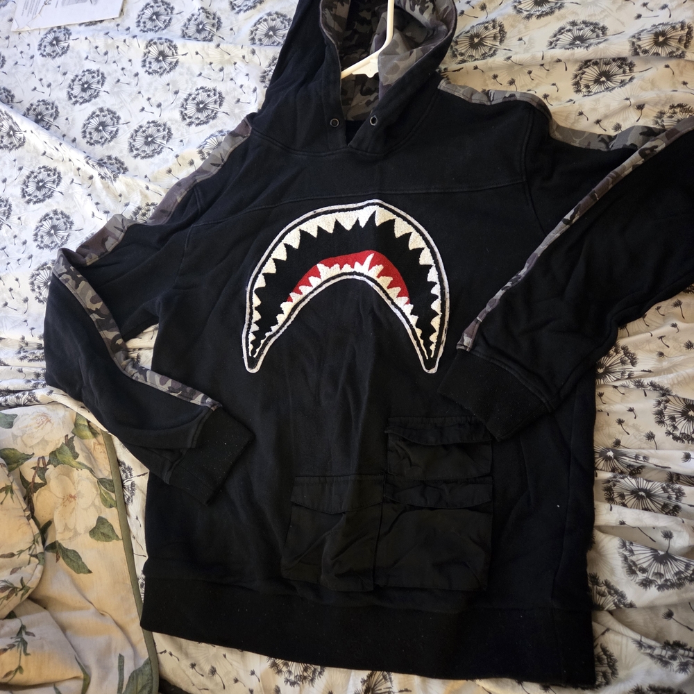 Black Hoodie with Shark Design and Camouflage Accents